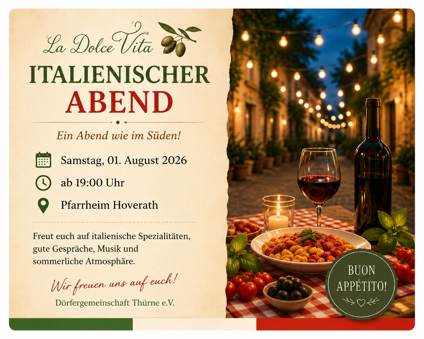 Ankündigung: Italienischer Abend am 1. August 2026 im Pfarrheim Houverath